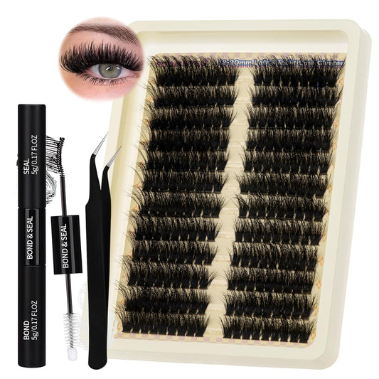 Fluffy Lash Extension Kit 12-20Mm 80D Thick Volume Lashes Left & Right Lash Clusters Cat Eye Lash Extensions Kit Cluster Eyelash Extensions Eyelash Clusters with Lash Bond and Seal and Lash Tweezers