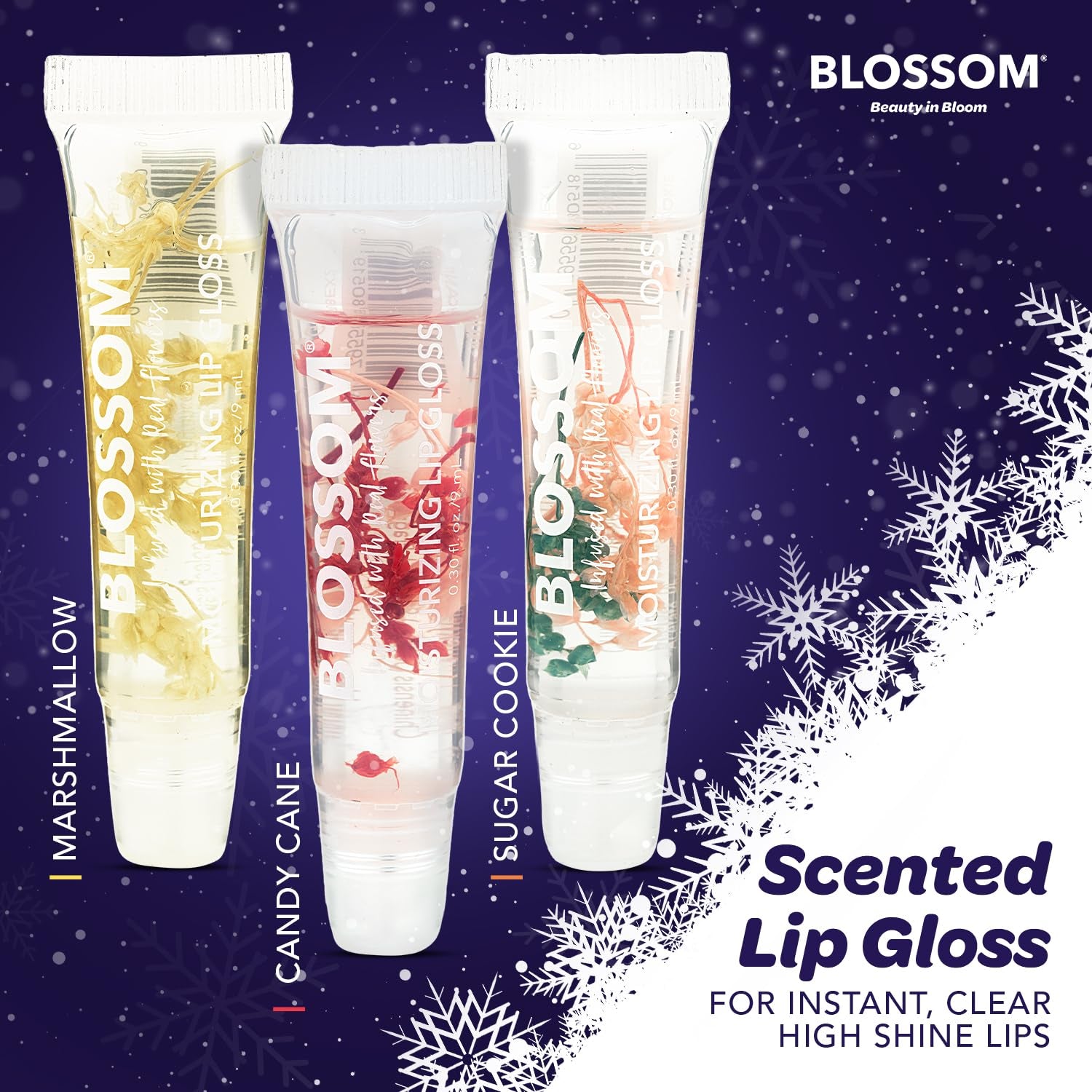 Lip Gloss Tubes, Candy Cane Scented Thick Clear High Shine Moisturizing Flower Lip Gel with Nourishing Jojoba Seed Oil, Infused with Real Flowers, 0.3Oz, Candy Cane