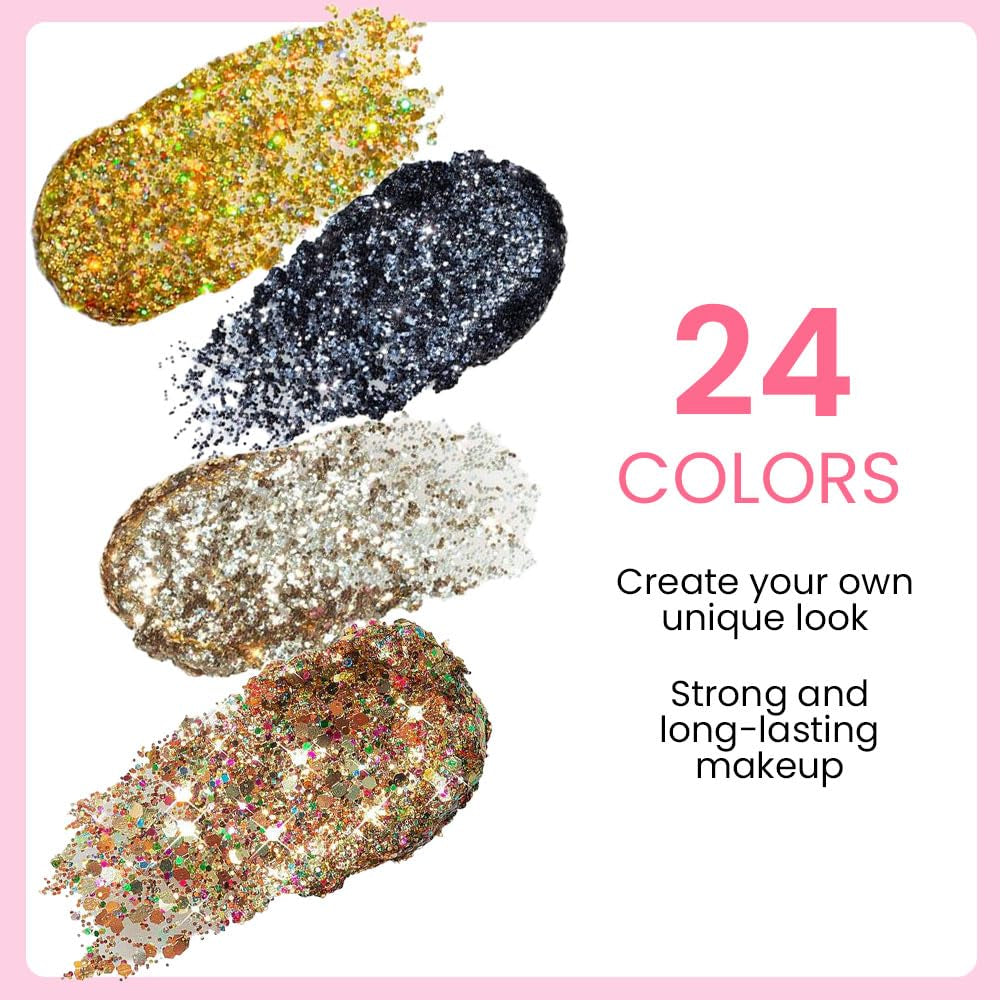 24 Colors Glitter Sparkle Eyeshadow Makeup Palette Pallets for Women, Colorful Eye Shadow Pressed Powder Black White Pink Green Blue Shimmer Eyeshadow Glue Gel Sombras De Ojos Profesional 01#