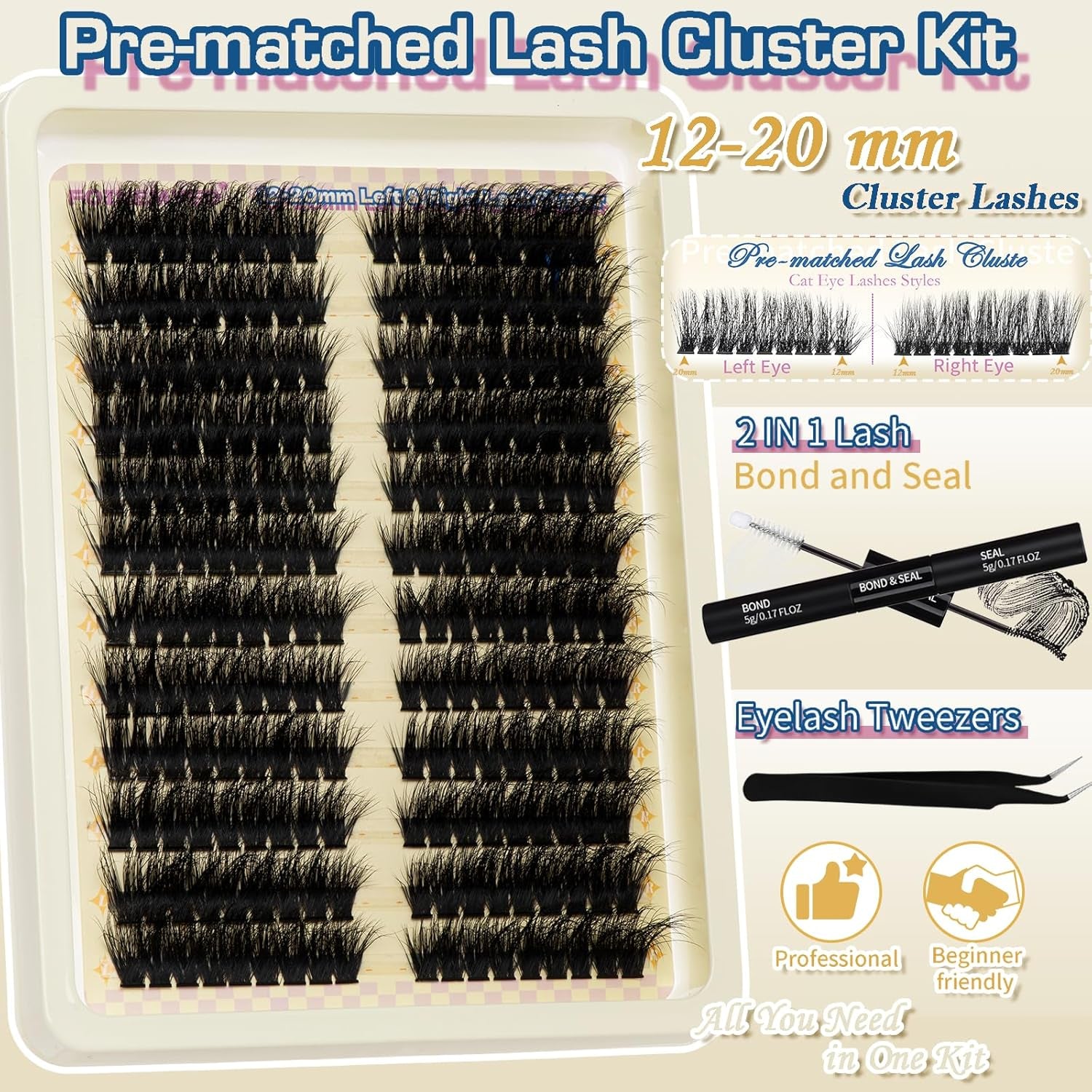 Fluffy Lash Extension Kit 12-20Mm 80D Thick Volume Lashes Left & Right Lash Clusters Cat Eye Lash Extensions Kit Cluster Eyelash Extensions Eyelash Clusters with Lash Bond and Seal and Lash Tweezers