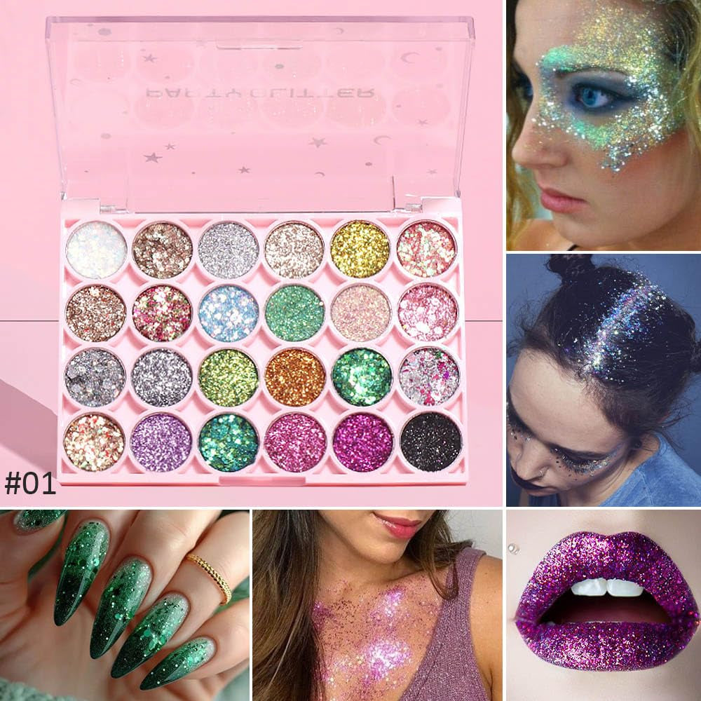 24 Colors Glitter Sparkle Eyeshadow Makeup Palette Pallets for Women, Colorful Eye Shadow Pressed Powder Black White Pink Green Blue Shimmer Eyeshadow Glue Gel Sombras De Ojos Profesional 01#