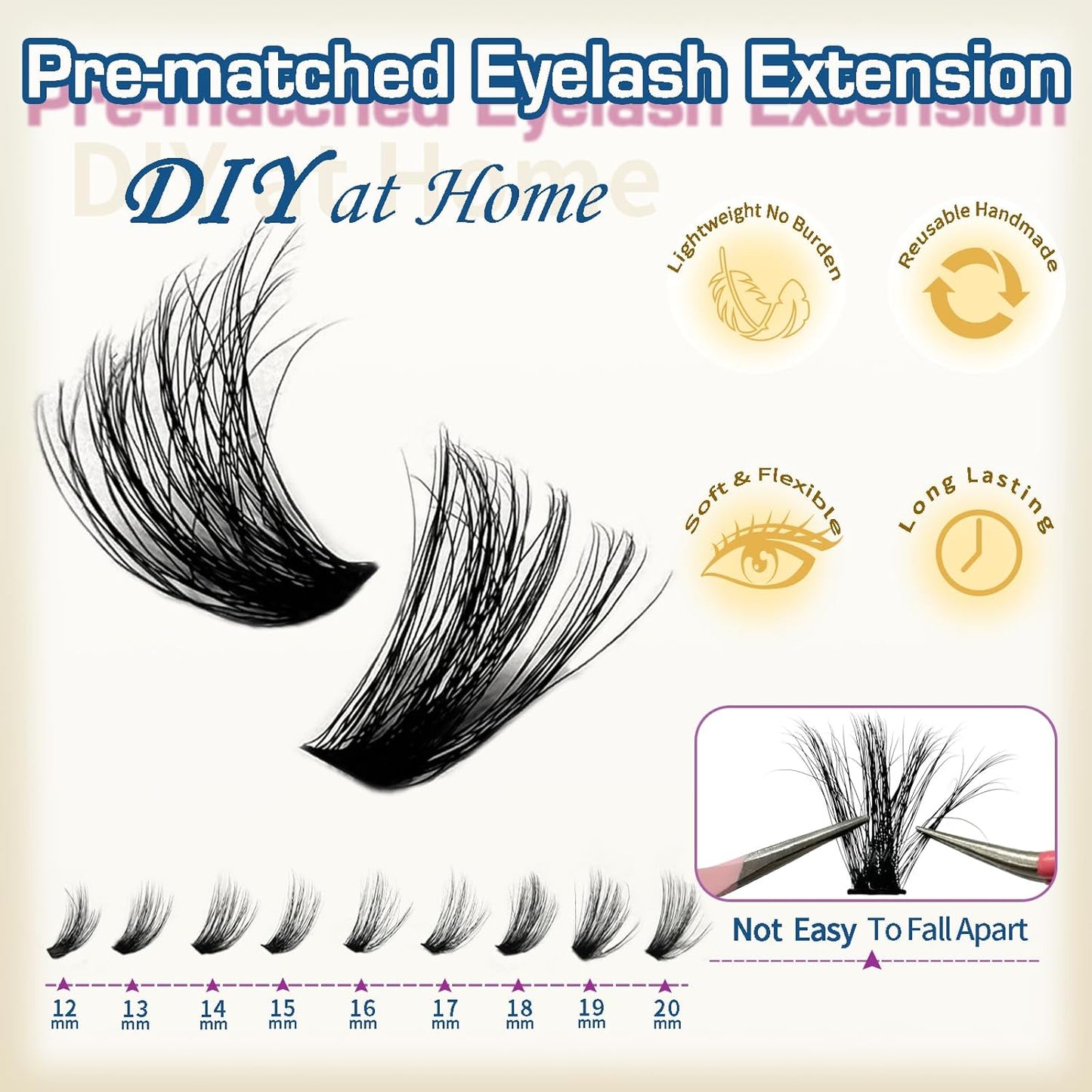 Fluffy Lash Extension Kit 12-20Mm 80D Thick Volume Lashes Left & Right Lash Clusters Cat Eye Lash Extensions Kit Cluster Eyelash Extensions Eyelash Clusters with Lash Bond and Seal and Lash Tweezers