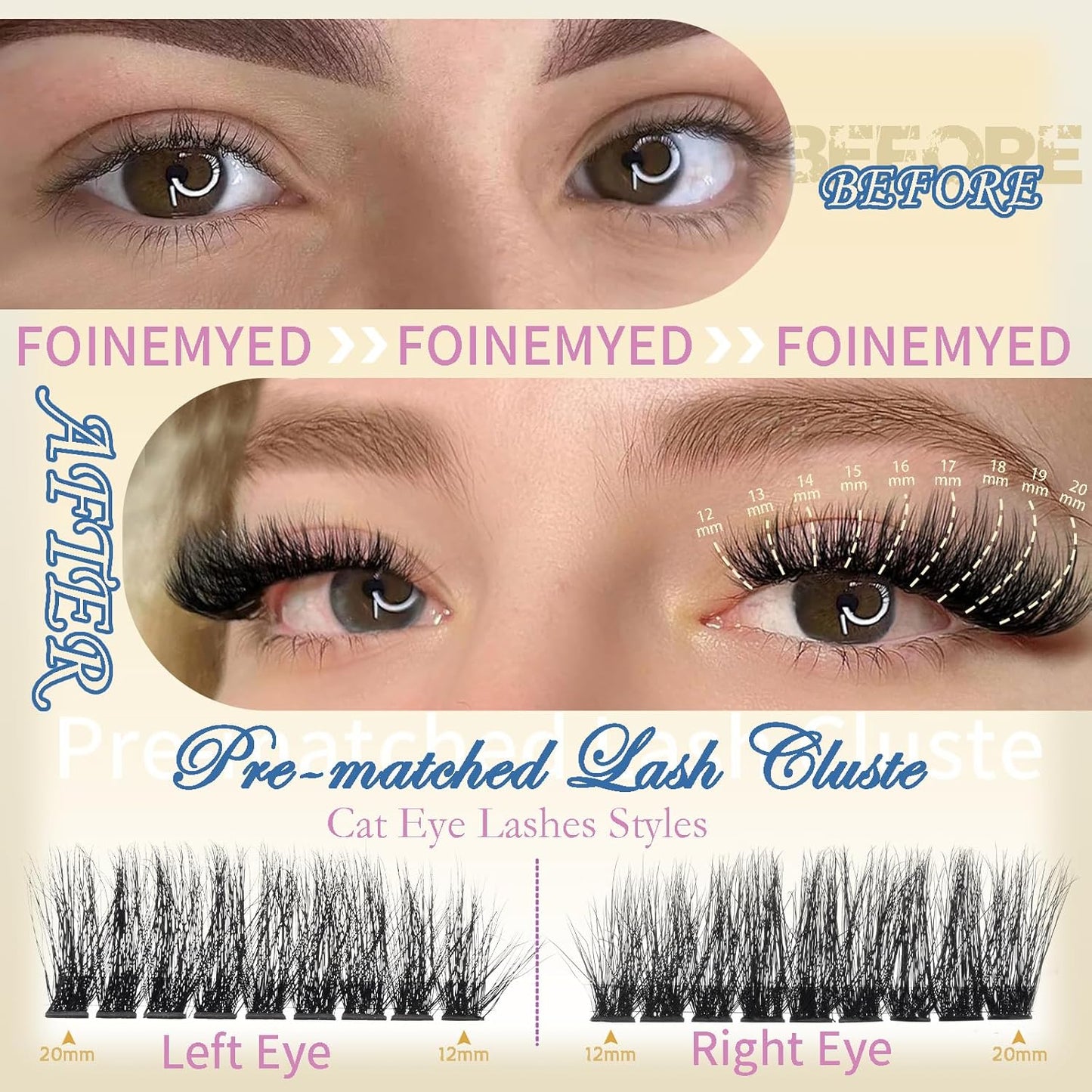 Fluffy Lash Extension Kit 12-20Mm 80D Thick Volume Lashes Left & Right Lash Clusters Cat Eye Lash Extensions Kit Cluster Eyelash Extensions Eyelash Clusters with Lash Bond and Seal and Lash Tweezers