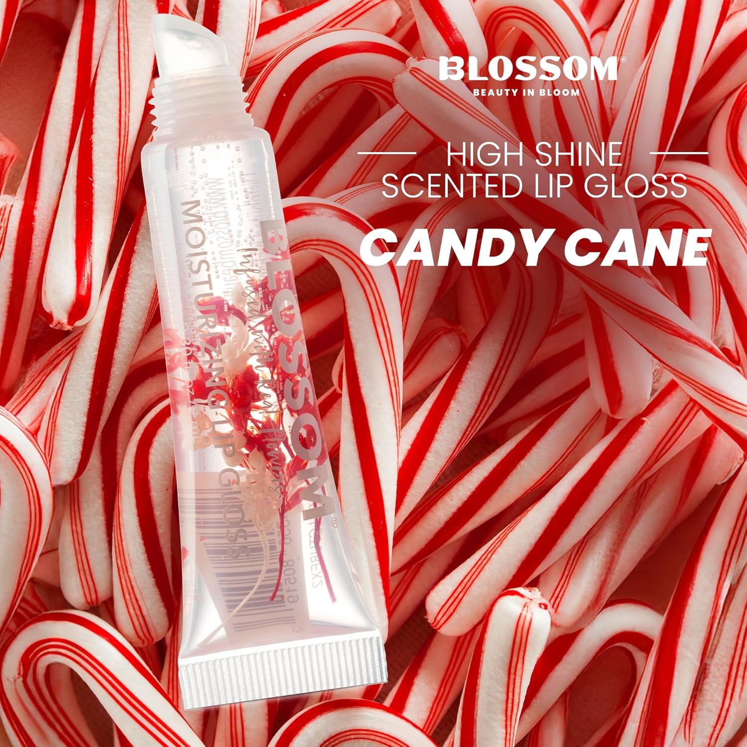 Lip Gloss Tubes, Candy Cane Scented Thick Clear High Shine Moisturizing Flower Lip Gel with Nourishing Jojoba Seed Oil, Infused with Real Flowers, 0.3Oz, Candy Cane