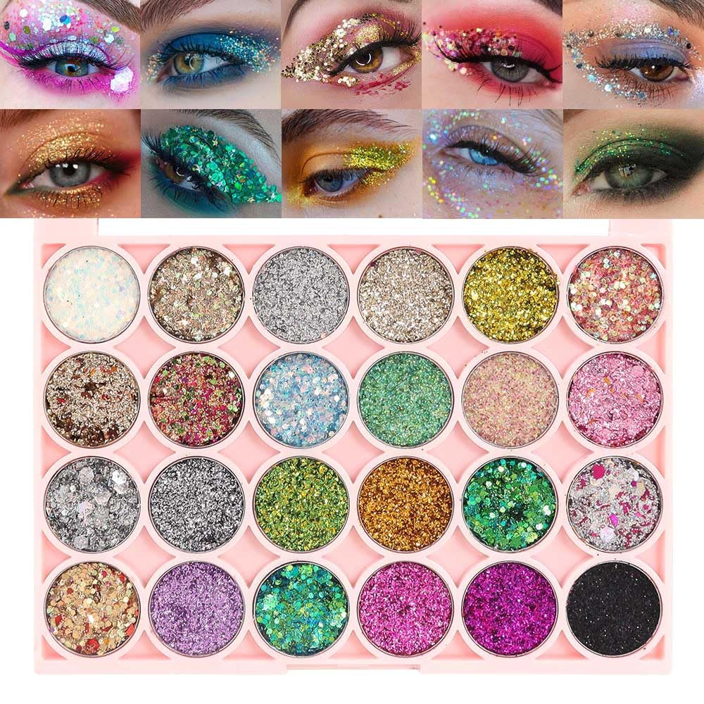 24 Colors Glitter Sparkle Eyeshadow Makeup Palette Pallets for Women, Colorful Eye Shadow Pressed Powder Black White Pink Green Blue Shimmer Eyeshadow Glue Gel Sombras De Ojos Profesional 01#