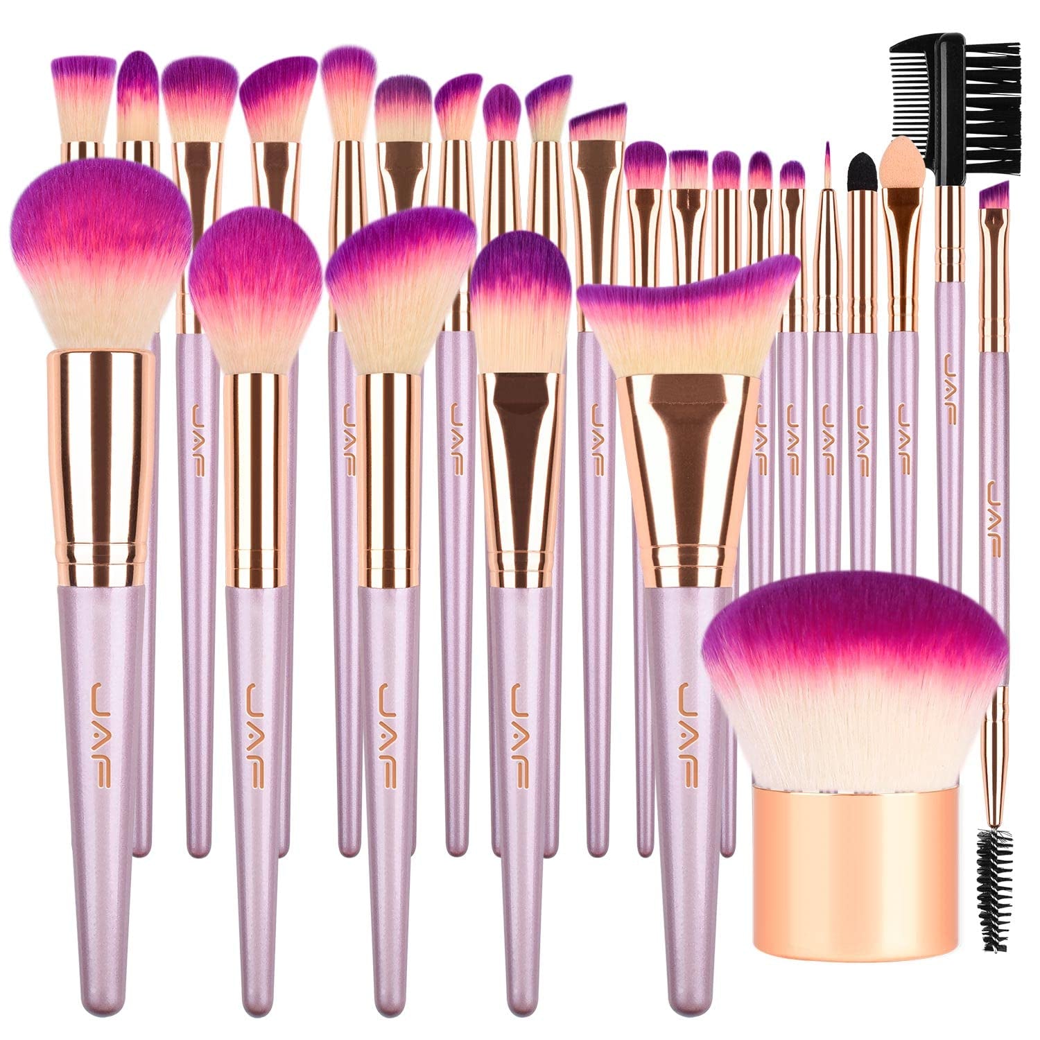 26Pcs Makeup Brush Set Professional Kabuki Full Face Contour Brush Set Pink Complete Vegan Brush Kit, Soft Make Pretty Cute Rose Gold Cosmetic Brush Purple