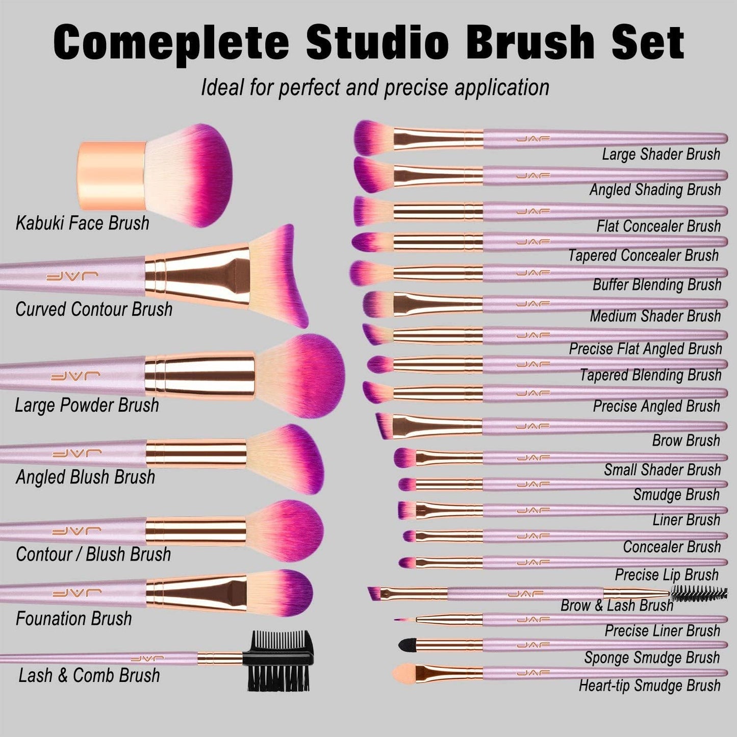 26Pcs Makeup Brush Set Professional Kabuki Full Face Contour Brush Set Pink Complete Vegan Brush Kit, Soft Make Pretty Cute Rose Gold Cosmetic Brush Purple