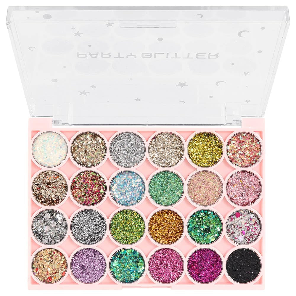 24 Colors Glitter Sparkle Eyeshadow Makeup Palette Pallets for Women, Colorful Eye Shadow Pressed Powder Black White Pink Green Blue Shimmer Eyeshadow Glue Gel Sombras De Ojos Profesional 01#